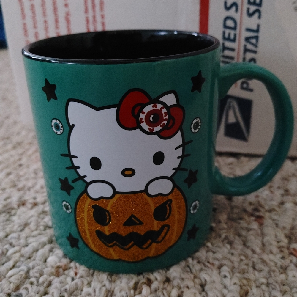 New Hello Kitty Halloween Coffee Tea Mug Viral TikTok Pumpkin Glitter